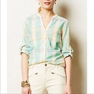 ANTHROPOLOGIE HOLDING HORSES Tiby Pastel Plaid Button Up Shirt Western Size 4